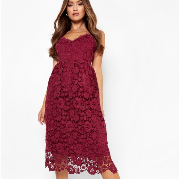 STRAPPY CROCHET LACE SKATER MIDI DRESS, size 10, COLOR RED - Picture 2 of 4